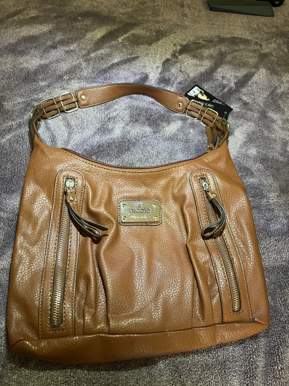 Nicole Miller Whisk Pebbled Faux Leather Shoulder Hobo with Chain-Link Strap